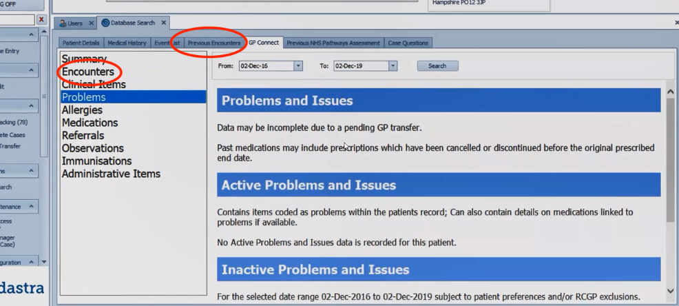 Figure 4. Screenshot of a UEC clinical system. Primary care encounters are a tab within GP Connect, 111/CAS encounters are in the Previous encounters tab, forcing clinicians to flip between them to build an overall picture of what encounters a patient may have had.