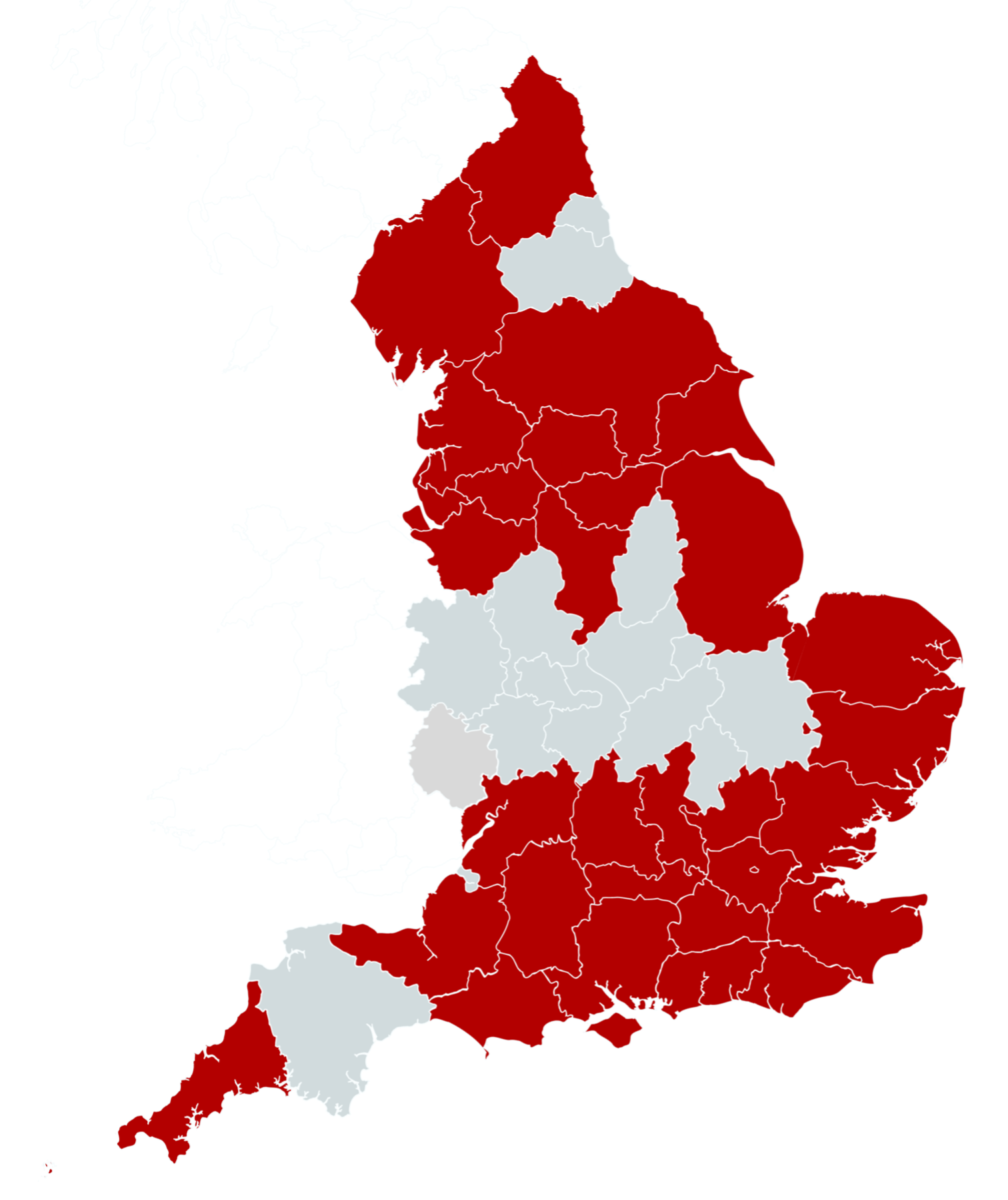 Map of England showing regions covered by UEC role interviews. Red areas show where we interviewed at least 1 person from that region.